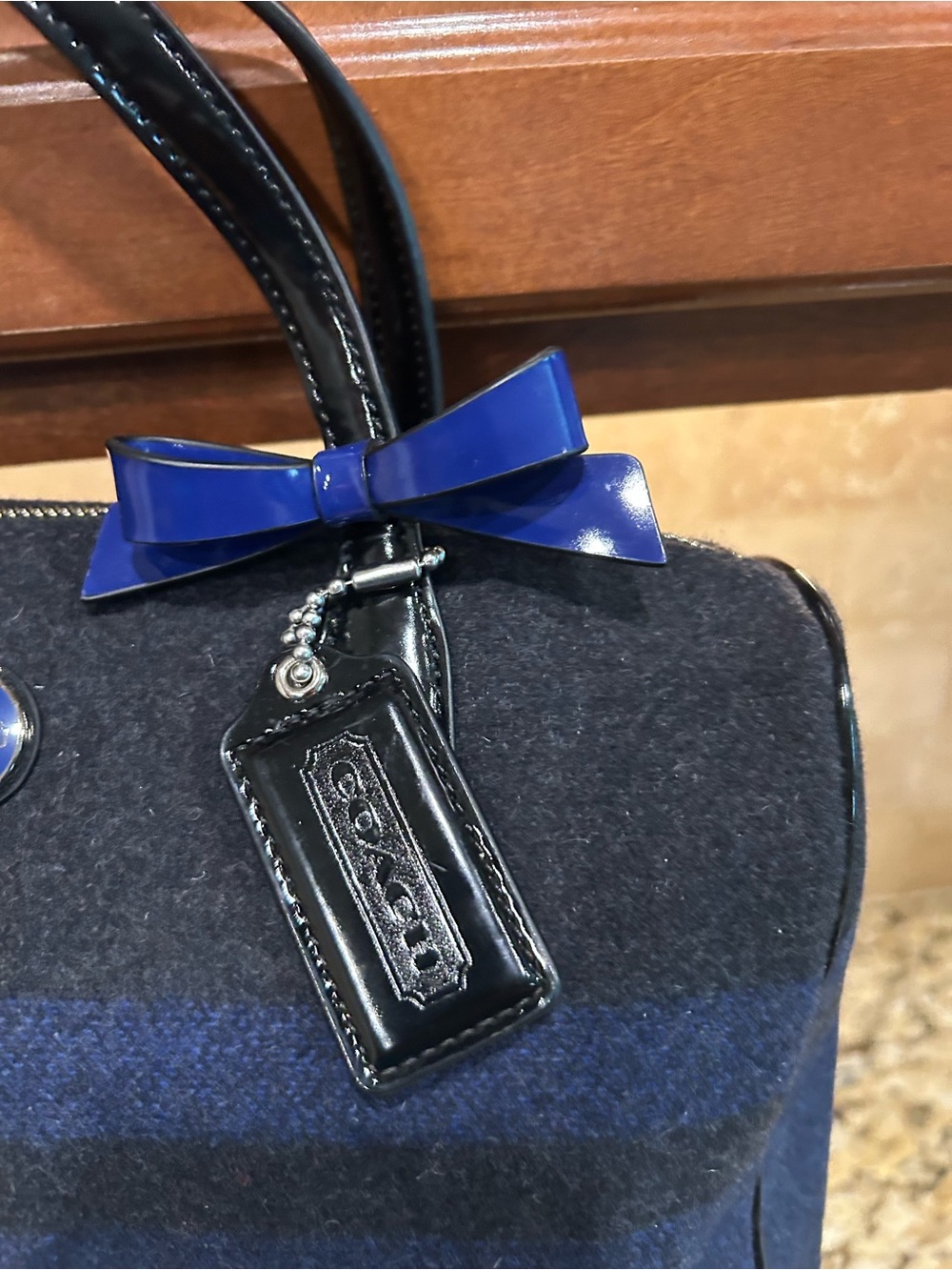 Coach 2013 Wool Stripe F24784 Charcoal Cobalt Blue Satchel Handbag Purse Rare. - Picture 6 of 12